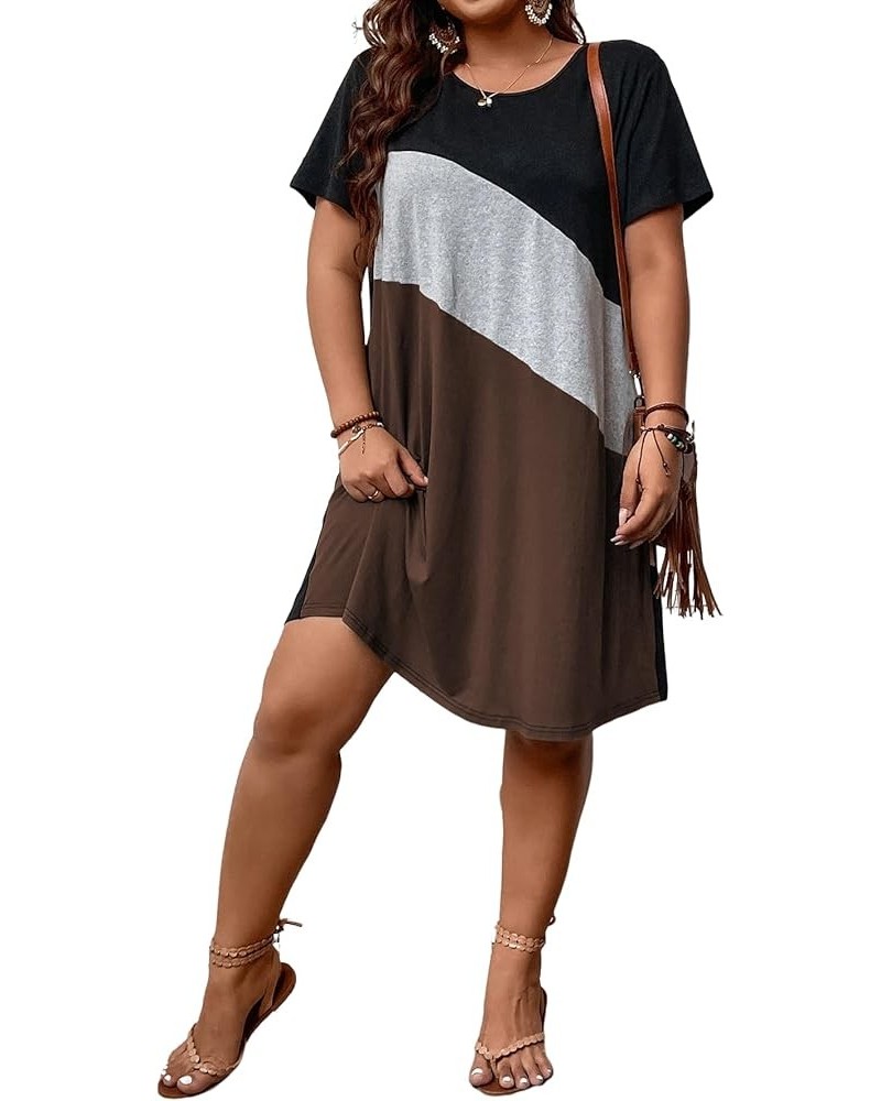 Women's Plus Size Dress Color Block Short Sleeve T Shirt Dress Casual Summer Dresses Coffee Brown Colorblock $20.39 Dresses