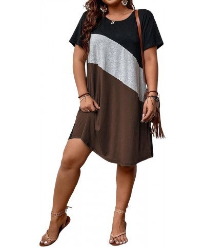 Women's Plus Size Dress Color Block Short Sleeve T Shirt Dress Casual Summer Dresses Coffee Brown Colorblock $20.39 Dresses