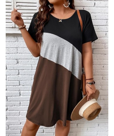 Women's Plus Size Dress Color Block Short Sleeve T Shirt Dress Casual Summer Dresses Coffee Brown Colorblock $20.39 Dresses