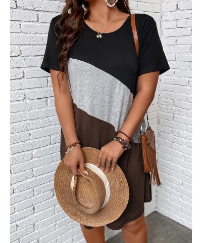 Women's Plus Size Dress Color Block Short Sleeve T Shirt Dress Casual Summer Dresses Coffee Brown Colorblock $20.39 Dresses