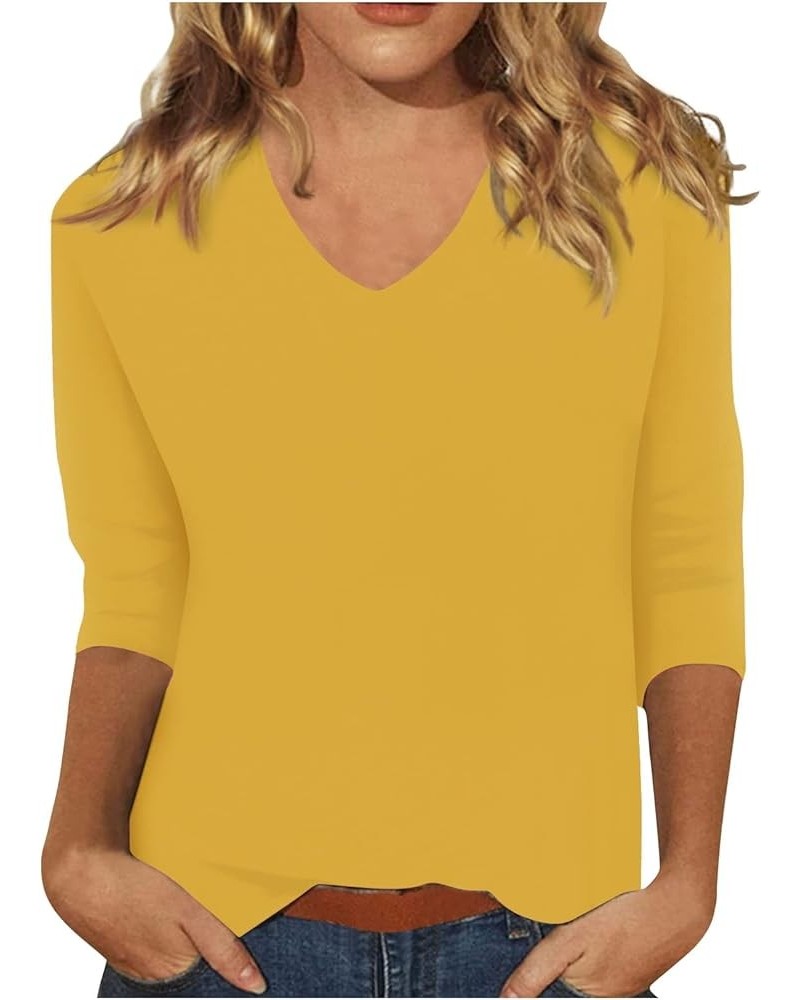 Womens 3/4 Length Sleeve Tops Casual V Neck/Crewneck Summer Shirts Loose Fit Three Quarter Length Sleeve Blouses 04-yellow $1...