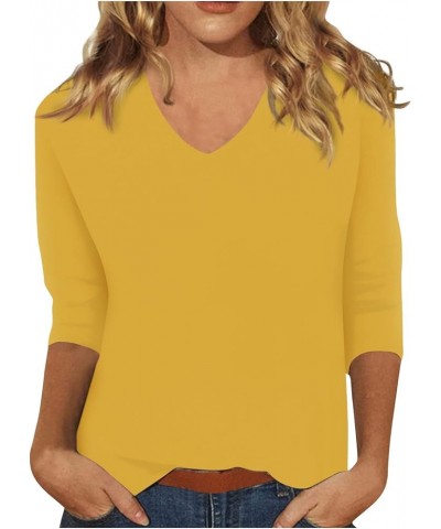 Womens 3/4 Length Sleeve Tops Casual V Neck/Crewneck Summer Shirts Loose Fit Three Quarter Length Sleeve Blouses 04-yellow $1...