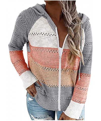 Women's Casual Stripe Hooded Sweater Color Block Patchwork V-Neck Long Sleeve Knitted Hoodies Oversized Blouse Tops 1c-orange...