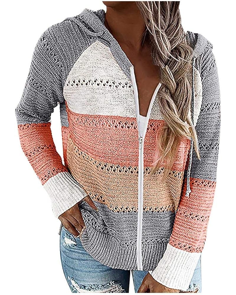 Women's Casual Stripe Hooded Sweater Color Block Patchwork V-Neck Long Sleeve Knitted Hoodies Oversized Blouse Tops 1c-orange...