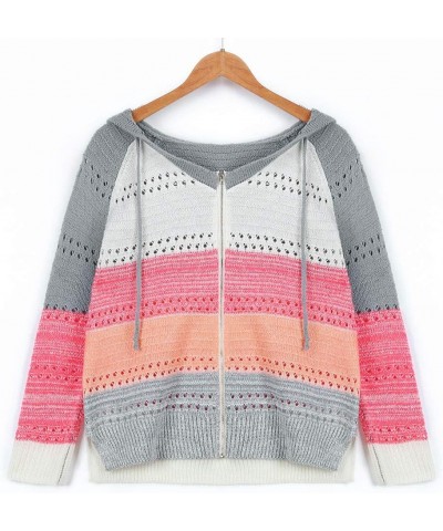 Women's Casual Stripe Hooded Sweater Color Block Patchwork V-Neck Long Sleeve Knitted Hoodies Oversized Blouse Tops 1c-orange...