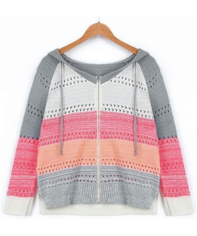 Women's Casual Stripe Hooded Sweater Color Block Patchwork V-Neck Long Sleeve Knitted Hoodies Oversized Blouse Tops 1c-orange...