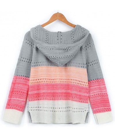 Women's Casual Stripe Hooded Sweater Color Block Patchwork V-Neck Long Sleeve Knitted Hoodies Oversized Blouse Tops 1c-orange...