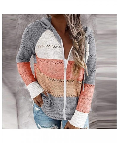 Women's Casual Stripe Hooded Sweater Color Block Patchwork V-Neck Long Sleeve Knitted Hoodies Oversized Blouse Tops 1c-orange...