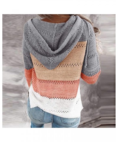 Women's Casual Stripe Hooded Sweater Color Block Patchwork V-Neck Long Sleeve Knitted Hoodies Oversized Blouse Tops 1c-orange...