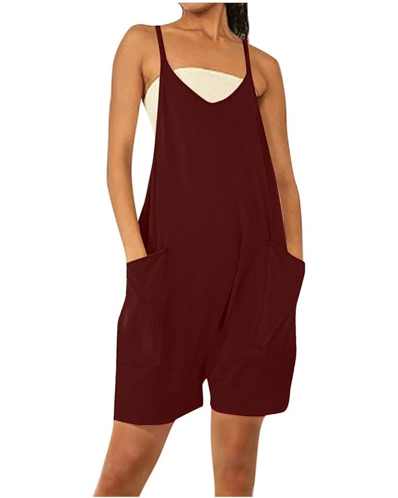 Overall Jumpsuit for Women Casual Dressy Summer Sleeveless Rompers Loose Spaghetti Strap Shorts Jumpsuit with Pocket A05 Wine...