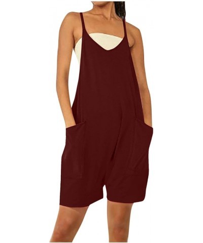 Overall Jumpsuit for Women Casual Dressy Summer Sleeveless Rompers Loose Spaghetti Strap Shorts Jumpsuit with Pocket A05 Wine...