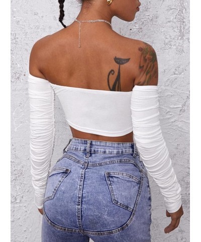 Women's Sexy Off Shoulder Ruched Slim Fit Long Sleeve Crop Top T Shirt Drf-white $8.84 T-Shirts