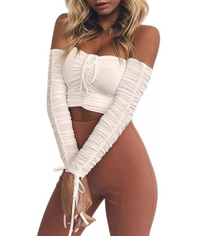 Women's Sexy Off Shoulder Ruched Slim Fit Long Sleeve Crop Top T Shirt Drf-white $8.84 T-Shirts