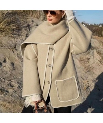 2023 Women's Scarf Jacket Embroidered Wool Blend Coat Oversized Mid Long Crewneck Winter Outwear with Pocket S-XL Light Brown...