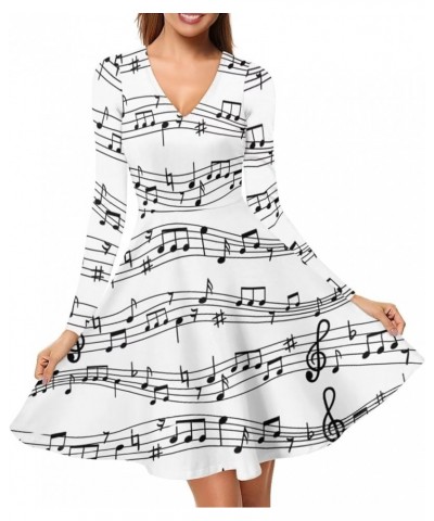 Womens 2023 Fall Dress Casual Long Sleeve A Line Midi Dresses Comfy Loose Flowy Swing Dress,S-4Xl White Music Note Print-whit...