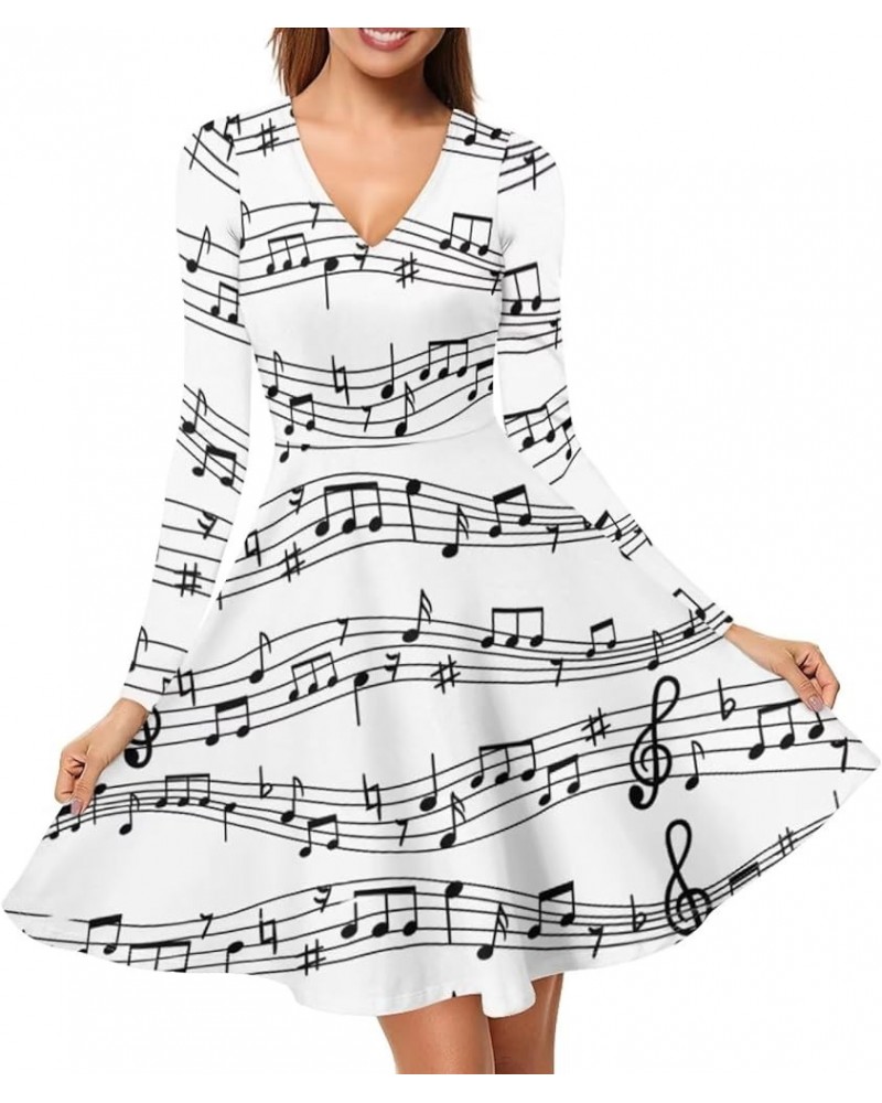 Womens 2023 Fall Dress Casual Long Sleeve A Line Midi Dresses Comfy Loose Flowy Swing Dress,S-4Xl White Music Note Print-whit...