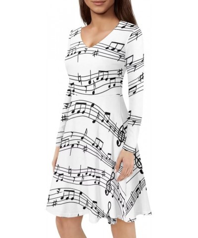 Womens 2023 Fall Dress Casual Long Sleeve A Line Midi Dresses Comfy Loose Flowy Swing Dress,S-4Xl White Music Note Print-whit...