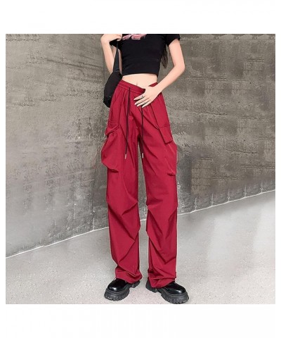 Cargo Pants Women Adjustable High Waisted Wide Leg Vintage Casual Streetwear Hip Hop Joggers Loose Solid Color D-wine $7.91 P...