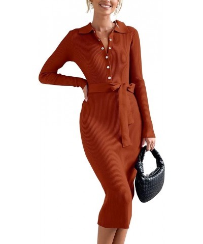 2024 Women V Neck Long Sleeve Bodycon Sweater Dress Button Up Tie Waist Ribbed Knit Midi Pencil Dresses with Belt Solid Caram...