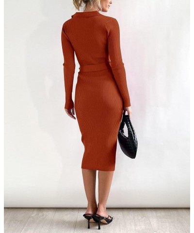 2024 Women V Neck Long Sleeve Bodycon Sweater Dress Button Up Tie Waist Ribbed Knit Midi Pencil Dresses with Belt Solid Caram...