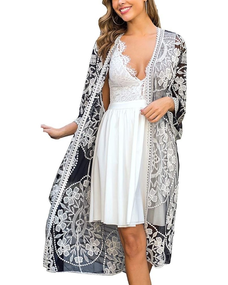 Women's Lace Cardigan Floral Crochet Sheer Beach Bikini Cover Ups Long Open Kimono Black White 2 $12.00 Swimsuits