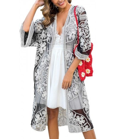 Women's Lace Cardigan Floral Crochet Sheer Beach Bikini Cover Ups Long Open Kimono Black White 2 $12.00 Swimsuits