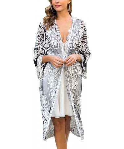 Women's Lace Cardigan Floral Crochet Sheer Beach Bikini Cover Ups Long Open Kimono Black White 2 $12.00 Swimsuits