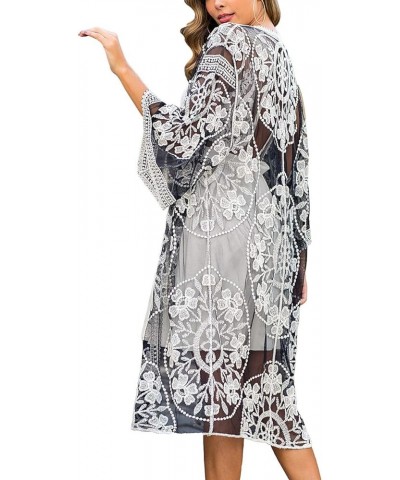 Women's Lace Cardigan Floral Crochet Sheer Beach Bikini Cover Ups Long Open Kimono Black White 2 $12.00 Swimsuits