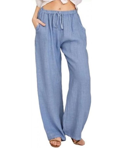 Women's Summer Loose Drawstring Waist Beach Linen Wide Leg Pants Palazzo Light Blue $16.11 Pants