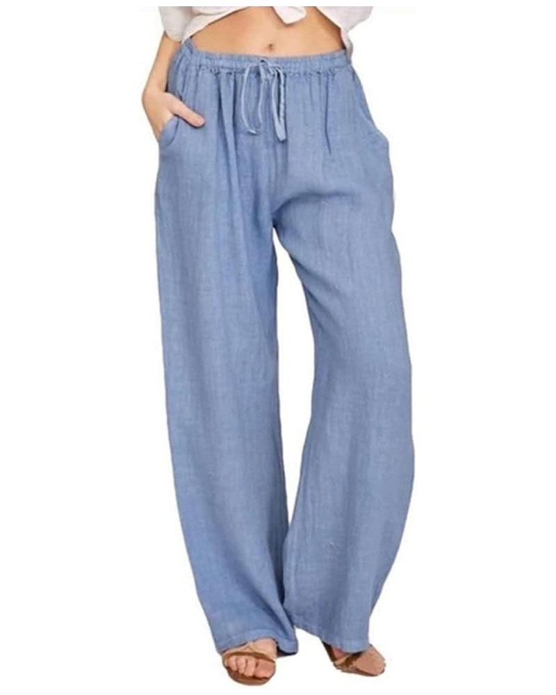 Women's Summer Loose Drawstring Waist Beach Linen Wide Leg Pants Palazzo Light Blue $16.11 Pants