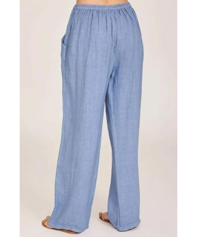 Women's Summer Loose Drawstring Waist Beach Linen Wide Leg Pants Palazzo Light Blue $16.11 Pants