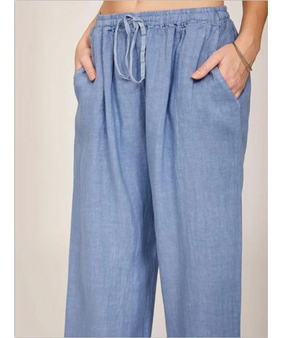 Women's Summer Loose Drawstring Waist Beach Linen Wide Leg Pants Palazzo Light Blue $16.11 Pants