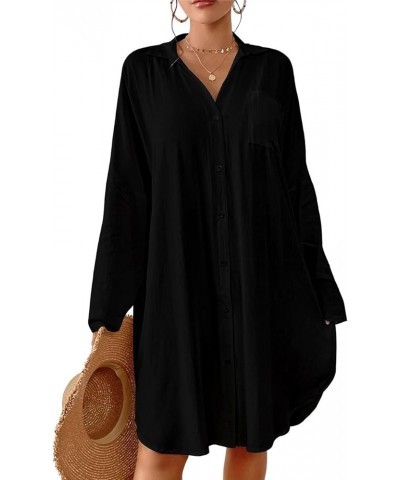 Women Swimsuit Cover Ups Solid Swim Cover Up Button Down Beach Coverup K-black $19.13 Swimsuits