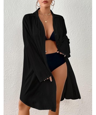 Women Swimsuit Cover Ups Solid Swim Cover Up Button Down Beach Coverup K-black $19.13 Swimsuits