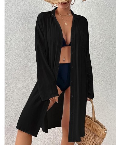 Women Swimsuit Cover Ups Solid Swim Cover Up Button Down Beach Coverup K-black $19.13 Swimsuits