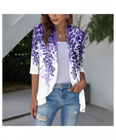 Women's Open Front Lightweight Loose Fit T Shirts Fall Tie Dye Funny Tops 3/4 Sleeve Shawl Collar Blouse Coat 3-dark Purple $...