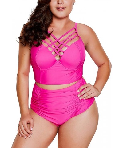 Women's 2 Piece Plus Size Swimwear High Waisted Tummy Control Swimsuit Bathing Suit Rose Red $13.02 Swimsuits