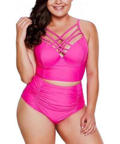 Women's 2 Piece Plus Size Swimwear High Waisted Tummy Control Swimsuit Bathing Suit Rose Red $13.02 Swimsuits