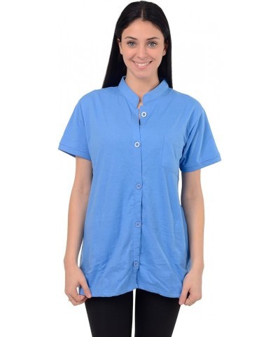 Post Mastectomy Shirt Band Collar Button Down Blouse with Drain Pockets Drainage Management Sky Blue $11.50 Blouses