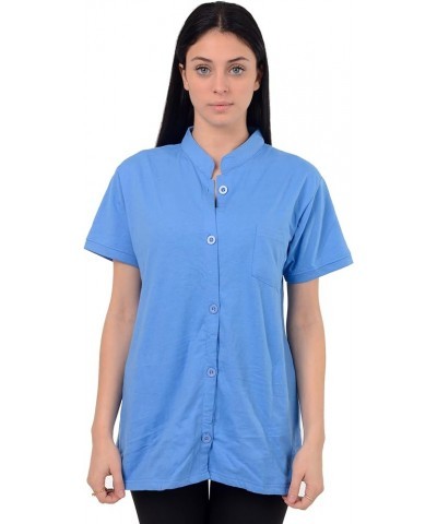 Post Mastectomy Shirt Band Collar Button Down Blouse with Drain Pockets Drainage Management Sky Blue $11.50 Blouses