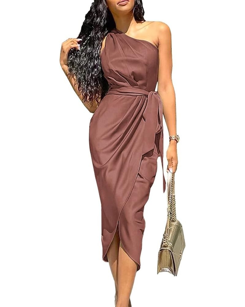 Women's 2024 Summer Ruched Bodycon Dress Sleeveless One Shoulder Wrap Satin Belted Cocktail Midi Dress Brown Red $25.95 Dresses