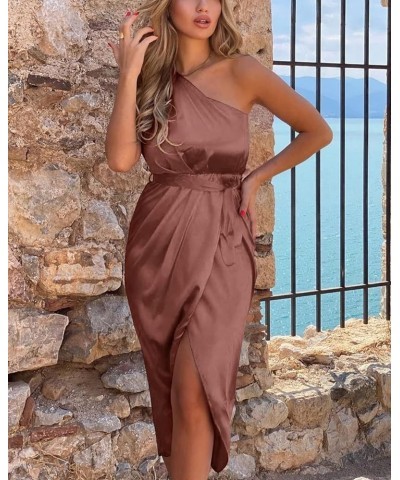 Women's 2024 Summer Ruched Bodycon Dress Sleeveless One Shoulder Wrap Satin Belted Cocktail Midi Dress Brown Red $25.95 Dresses