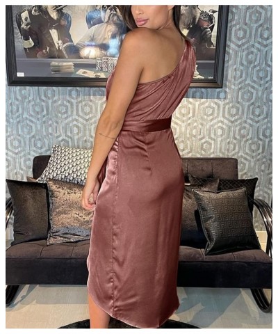 Women's 2024 Summer Ruched Bodycon Dress Sleeveless One Shoulder Wrap Satin Belted Cocktail Midi Dress Brown Red $25.95 Dresses