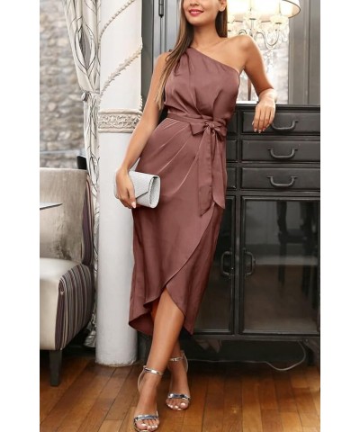 Women's 2024 Summer Ruched Bodycon Dress Sleeveless One Shoulder Wrap Satin Belted Cocktail Midi Dress Brown Red $25.95 Dresses