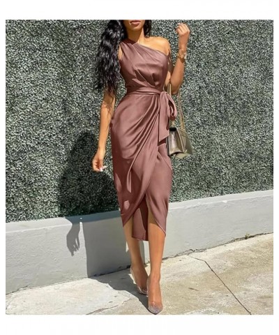 Women's 2024 Summer Ruched Bodycon Dress Sleeveless One Shoulder Wrap Satin Belted Cocktail Midi Dress Brown Red $25.95 Dresses