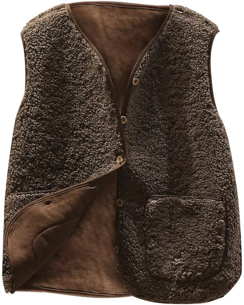 Women's V-neck lambswool Velvet Cropped Vest Loose Fit Sleeveless Fleece Button Solid Outerwear with Pockets 2 Coffee $8.82 V...