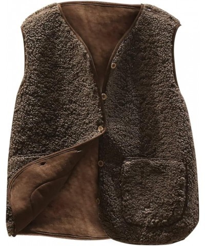 Women's V-neck lambswool Velvet Cropped Vest Loose Fit Sleeveless Fleece Button Solid Outerwear with Pockets 2 Coffee $8.82 V...