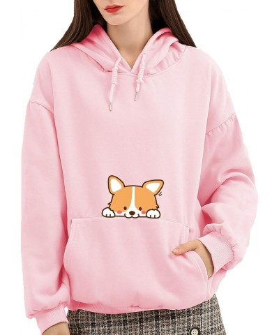 Cute Dog Corgi Printing and Solid Hoodie Cotton Warm Plush Sweatshirts for Women Pink $17.80 Hoodies & Sweatshirts