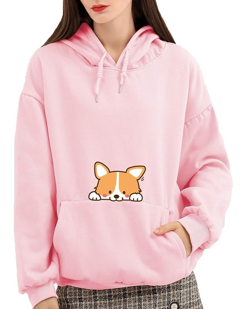 Cute Dog Corgi Printing and Solid Hoodie Cotton Warm Plush Sweatshirts for Women Pink $17.80 Hoodies & Sweatshirts