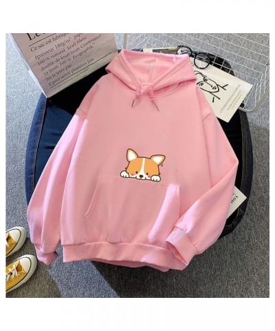 Cute Dog Corgi Printing and Solid Hoodie Cotton Warm Plush Sweatshirts for Women Pink $17.80 Hoodies & Sweatshirts